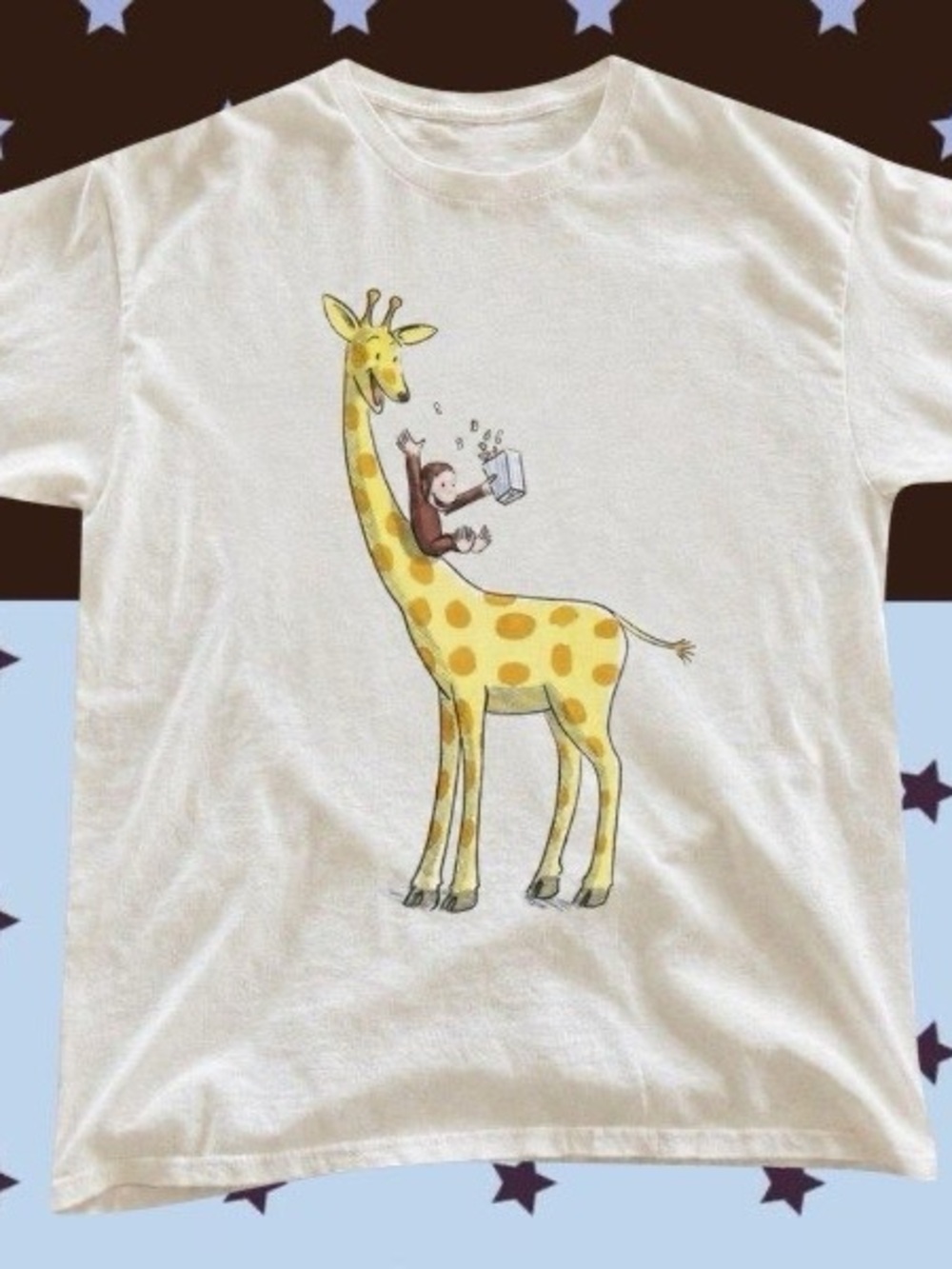 Giraffe Curious George Monkey Reading Gildan White Graphic Tee